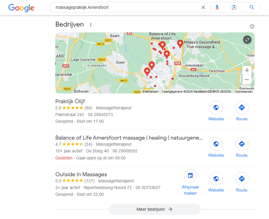 Google zoekresultaat massagepraktijk Amersfoort